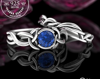 Sterling Sapphire Ring Set, Matching Bridal Solitaire Ring, Silver Celtic Knotwork Wedding Pair, Matching Sapphire Wedding Band Set, 405 406