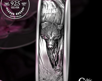 Sterling Guardian Wolf Spirit Ring, Silver Lone Wolf in Forest Tree Bark, Men's Graduation Ring, Shaman Wolf Totem Animal Jewelry, 3332