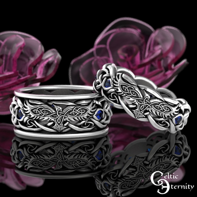 Dual Raven Rings Matching Viking Wedding Rings, Sterling Raven Ring Set, Sapphire Raven ...