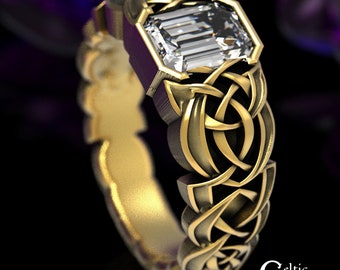Moissanite Emerald-Cut Engagement Ring, Gold Moissanite Celtic Ring, White Gold Moissanite Celtic Wedding Ring, Celtic Engagement Ring, 1655