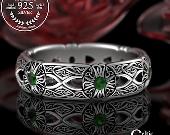 Emerald & Sterling Silver Cross Ring, Womans Celtic Cross Ring, Christian Wedding Ring, Promise Ring, Scottish Irish Marriage Ring, 3268