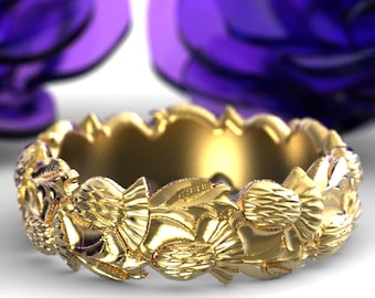 Gold or Platinum Royal Thistle Ring, Scottish Thorned Blossom Wedding Band, Guardian Flower Handfasting Ring, Irish Sacred Union Ring,  1785