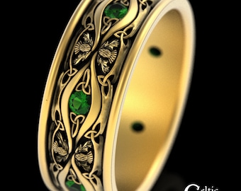 Mens Emerald Gold Ring, Emerald Thistle Ring, 10K Scottish Wedding Band, 14K Thistle Ring, 10K Mens Scottish Ring, Irish Thistle Ring, 3023