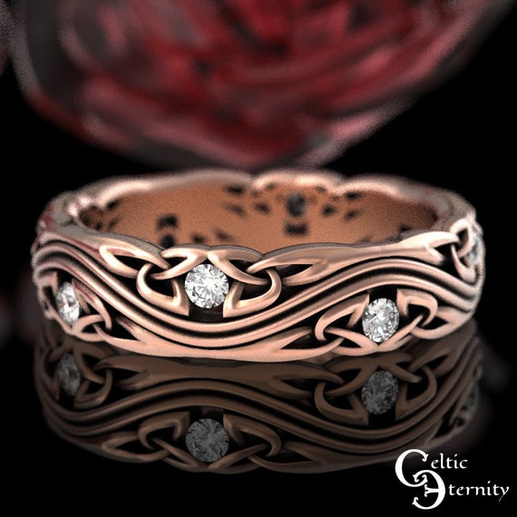 Trinity Knot Rose Gold Wedding Band, Moissanite & Rose Gold Scottish Wedding Band, Womens Rose Gold Wedding Ring, Irish Rose Gold Ring, 1462