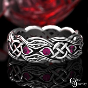 Ruby & Sterling Botanical Wedding Ring, Irish Leaves Knotwork Ring, Womens Ruby Nature Wedding Band, Silver Scottish Nature Ring, 1963