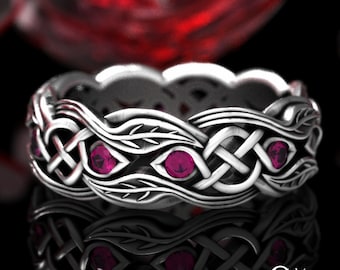 Ruby & Sterling Botanical Wedding Ring, Irish Leaves Knotwork Ring, Womens Ruby Nature Wedding Band, Silver Scottish Nature Ring, 1963