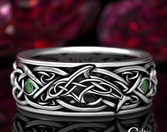 Celtic Dolphin Ring, Sterling Silver Dolphin Ring, Emerald Infinity Wedding Band, Sea Animal Ring, Celtic Wedding Band, Porpoise Ring, 1690