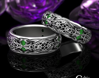 Matching Emerald Ring Set, Sterling Celtic Wedding Ring Set, Celtic Matching Wedding Rings, Irish Matching Ring Set, Ring Set, 1468 1804