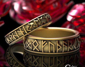 Matching Gold Rune Rings, Custom Phrase Rune Ring, Gold Viking Rune Wedding Rings, Rune Wedding Ring Set, Gold Rune Ring Set, 1204 1788