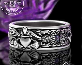 Alexandrite Scottish Thistle Wedding Ring, Sterling Celtic Handfasting Band, Men's Irish Crown Ring, Silver Nature Groom Marriage Vow, 3282