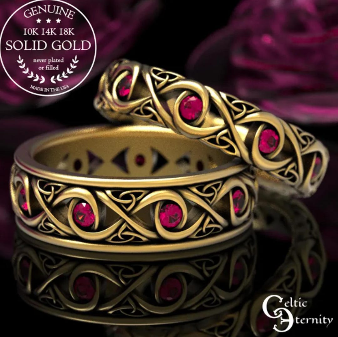 10K 14K Matching Celtic Ruby Wedding Set, Gold/ White Gold Irish His ...
