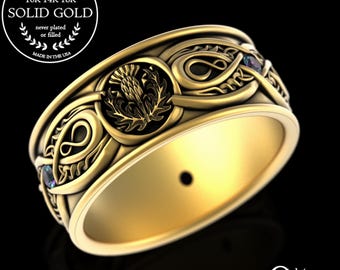 Grooms Gold & Alexandrite Celtic Thistle Knotwork Wedding Ring, Scottish Mens Gold Wedding Band, 10K 14K 18K Irish Handfasting Band, 3036