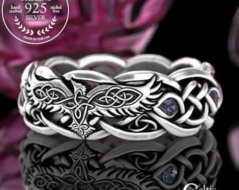 Sterling Silver Raven Wedding Ring, Alexandrite Womens Ring, Viking Raven Ring, Womens Raven Wedding Band, Celtic Raven Wedding Ring, 4728