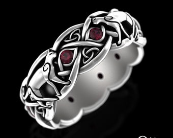 Silver Ruby Cat Ring, Sterling Ruby Irish Cat, Swirl Cat Wedding Band, Cat Lover Ring, Kitty Ring, Feline Ring, Ruby Kitten Ring, 3097