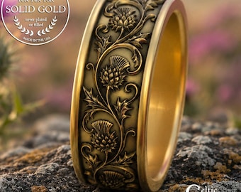 Men's Gold Irish Thistle Ring, 14K White Gold Scottish Groom's Ring, Platinum Classic Celtic Wedding Band, Celtic Heritage Anniversary, 3352