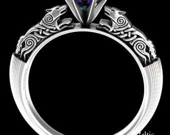 Alexandrite Engagement Ring, Sterling Alexandrite Celtic Ring, Celtic Alexandrite Wedding Ring, Alexandrite Solitaire, Wolf Engagement,1801