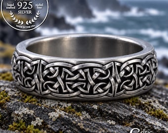 Sterling Men's Scottish Wedding Ring, Silver Celtic Weave Ring, Irish Groom Infinity Jewelry, 1821