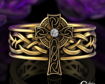 10K Celtic Gold Cross Ring, Moissanite Celtic Cross Ring, 14K Irish Cross Ring, 10K Celtic Cross Wedding Ring, Mens Cross Wedding Ring, 4928