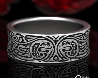 Sterling Silver Leviathan Ring, Silver Primordial Handfasting Ring, Men's Engraved Viking Wedding Band, Norse Tribal Tiamat Ring, 1586