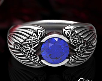 Sterling Silver Norse Wedding Ring, Sapphire Raven Statement Ring, Viking Crow Ring, Mens Handfasting Ring, Mens Celtic Wedding Ring, 1491