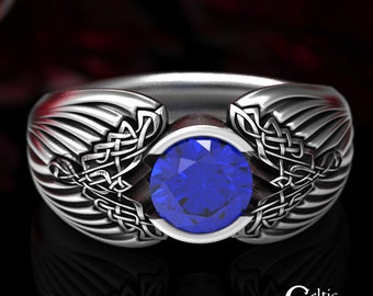 Sterling Silver Raven Ring, Sapphire Celtic Ring, Odin Raven Ring, Mens Viking Ring, Celtic Wedding Band, Mens Wedding Ring, 1491