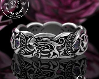Magical Celtic Cat & Crescent Moon Ring, Sterling Alexandrite Stars Moons Wedding Band, Silver Enchantress Ring, Divine Feminine Ring, 3259