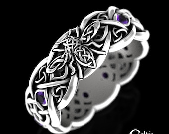 Amethyst Celtic Bee Ring, Sterling Silver Bee Ring, Queen Bee Ring, Womens Bee Ring, Silver Bee Wedding Ring, Beekeeper Wedding Ring, 3086