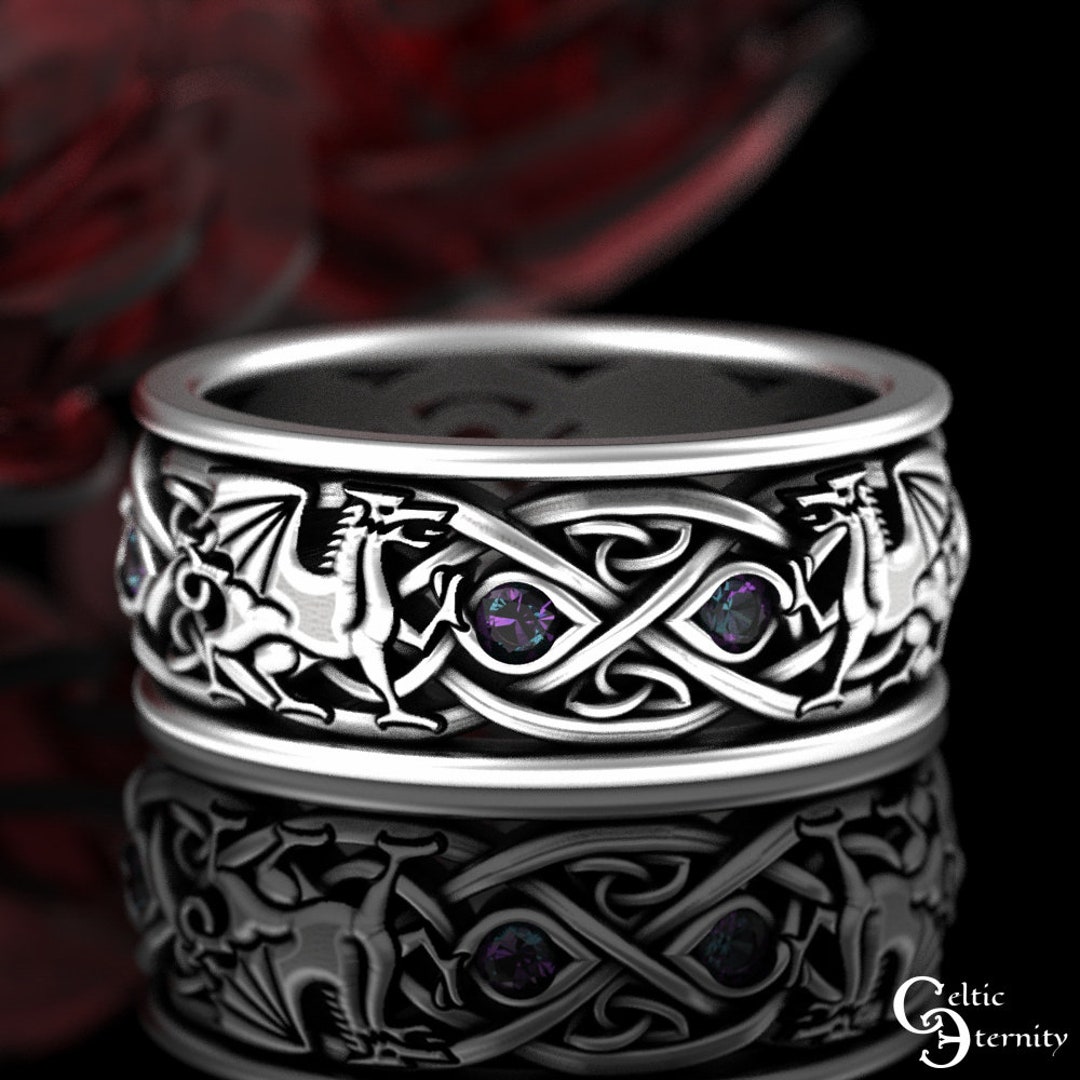 Mens Viking Dragon Ring, Sterling Alexandrite Dragons Wedding Band