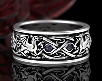 Mens Viking Dragon Ring, Sterling Alexandrite Dragons Wedding Band, Mens Dragon Ring, Celtic Irish Wedding Ring, Silver Norse Dragons, 3109