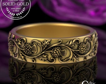 Woman's Gold Thistle Celtic Wedding Ring, 14K White Gold Irish Anniversary, Platinum Botanical Scottish Jewelry, 18K Celtic Flower, 3349