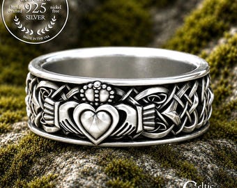 Sterling Silver Mens Claddagh Ring, Mens Claddagh Ring, Mans Irish Wedding Band, Silver Irish Heart Ring, Claddagh Wedding Ring, 1890