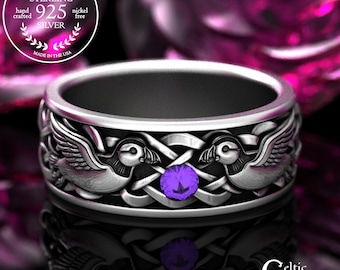 Amethyst Puffin Wedding Ring, Men's Sterling Bird Ring, Silver Lovebirds Ring, Amethyst Celtic Groom Band, 2120