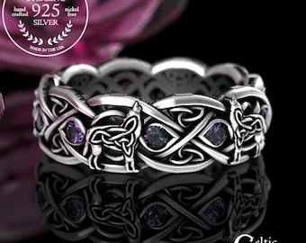 Celtic Wolf Wedding Ring, Alexandrite Sterling Womens Ring, Irish Wolf Wedding Band, Alexandrite Viking Wolf Wedding Band, Handfasting, 1267