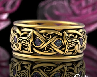 Alexandrite Gold Viking Wolf Ring, 10K 14K Men Alexandrite Wedding Band, Gold Celtic Wolf Wedding Ring, Platinum Alexandrite Ring, 1269