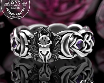 Amethyst & Sterling Mystical Fox Ring, Female Japanese Fox Wedding Band, Magical 9-Tailed Fox Crescent Moons Ring, Heavenly Fox Ring, 3199
