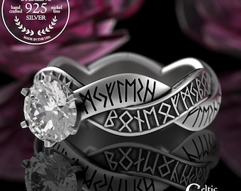 Woven Viking Engagement Ring, Bride's Sterling Moissanite Rune Ring, Norse Bridal Wedding Ring, Futhark Solitaire Pagan Wedding Ring, 3227