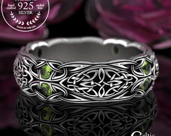 Peridot & Sterling Celtic Ring, Irish Peridot Wedding Band, Womens Peridot Wedding Ring, Peridot Knotwork Ring, Silver Peridot Ring, 1468