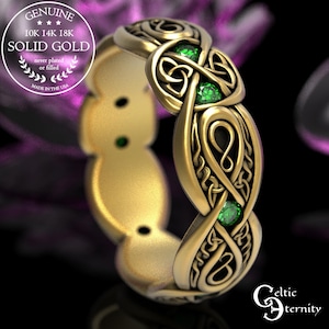 Gold or Platinum Emerald Trinity Ring, Irish Gemstone Knotwork Ring, Elegant Celtic Wedding Ring, Infinite Love Handfasting Band,  1411