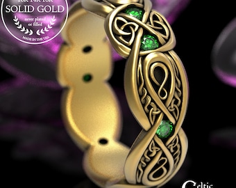 Gold or Platinum Emerald Trinity Ring, Irish Gemstone Knotwork Ring, Elegant Celtic Wedding Ring, Infinite Love Handfasting Band,  1411