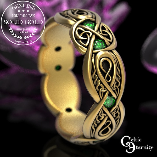 Gold or Platinum Emerald Trinity Ring, Irish Gemstone Knotwork Ring, Elegant Celtic Wedding Ring, Infinite Love Handfasting Band,  1411