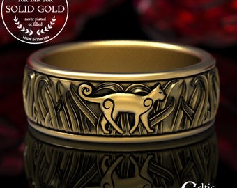 Gold Celtic Cat Ring, 10K Cat Wedding Band, Gold Irish Cat Ring, Gold Cat Wedding Ring, Platinum Cat Ring, 14K Gold Celtic Feline Ring, 1912