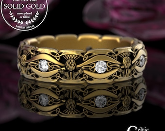 10K 14K Women's Thistle Wedding Band, White Gold & Moissanite Celtic Thistles Ring, 18K Gold Traditional Scottish Thistle Wedding Ring, 3230