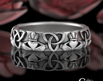 Sterling Claddagh Ring for Women, Silver Irish Heart Hands Wedding Ring, Classic Scottish Trinity Wedding Band, Celtic Traditional, 3161