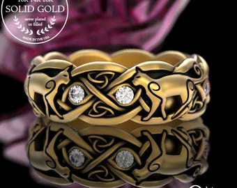 Moissanite 10K Gold Cat Ring, 14K White Gold Feline Ring, Celtic Cat Wedding Band in Gold Platinum, 18K Irish Cat Ring, Woman Cat Ring, 3097