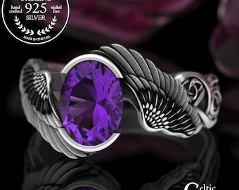 Amethyst Guardian Angel Ring, Sterling Valkyrie Wedding Ring, Bridal Raven Wings Engagement, Woman's Bird Feathers Statement Jewelry, 3297