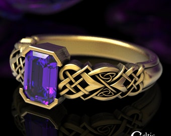 Amethyst Engagement Ring, Gold Amethyst Celtic Engagement Ring, Gold Rectangle Engagement Ring, White Gold Amethyst Wedding Ring, 1657