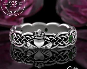 Minimalist Emerald Claddagh Ring in Sterling, Silver Ladies Heart Crown Ring, Irish Handfasting Ring, Simple Celtic Wedding Band, 3253