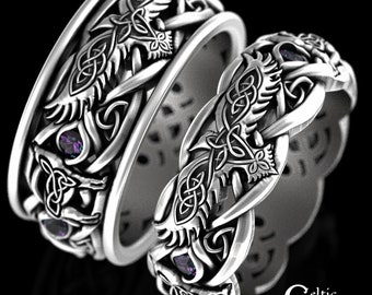 White Gold or Platinum Raven Wolves Wedding Set, Alexandrite Matching Celtic Wedding Bands, 10K 14K 18K Viking Wedding Ring Set, 4696 4697