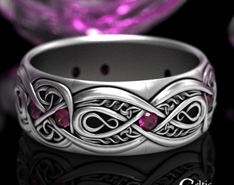 Ruby Mens Celtic Wedding Band, Ruby & Sterling, Wide Wedding Band, Mens Wedding Ring, Thick Celtic Ring, Mens Infinity Wedding Ring, 1642