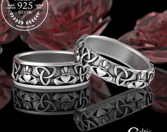 Matching Claddagh His Hers Ring Set, Sterling Celtic Irish Bride Groom Wedding Band Set, Trinity Knot Couples Scottish Jewelry, 3078 3161